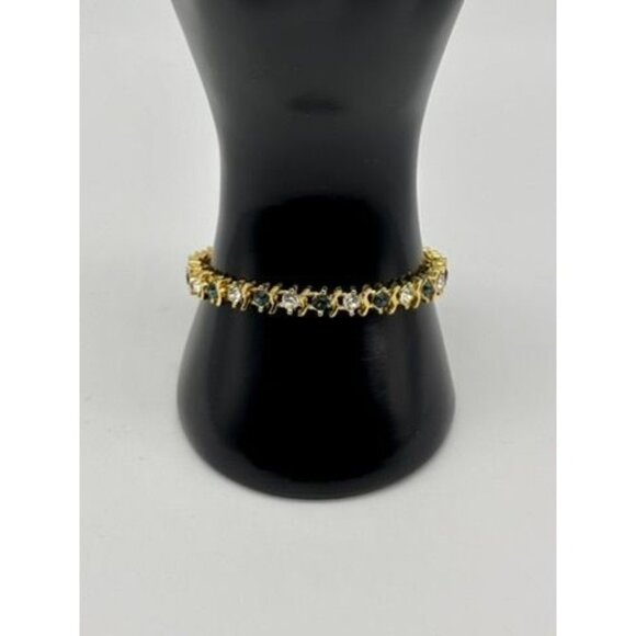 Vintage Gold Tone Metal and Faux Sapphire Faux Diamond Tennis Style Bracelet 80s - Picture 3 of 13